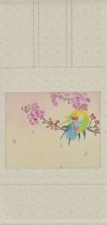 「飾-小桜鸚哥-」　軸装　画寸33.5×42.5㎝　和紙、水干、岩絵具