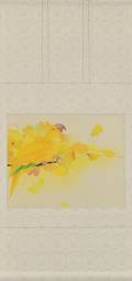 「染める-女王鸚哥-」　軸装　画寸33.8×42.5㎝　和紙、水干、岩絵具